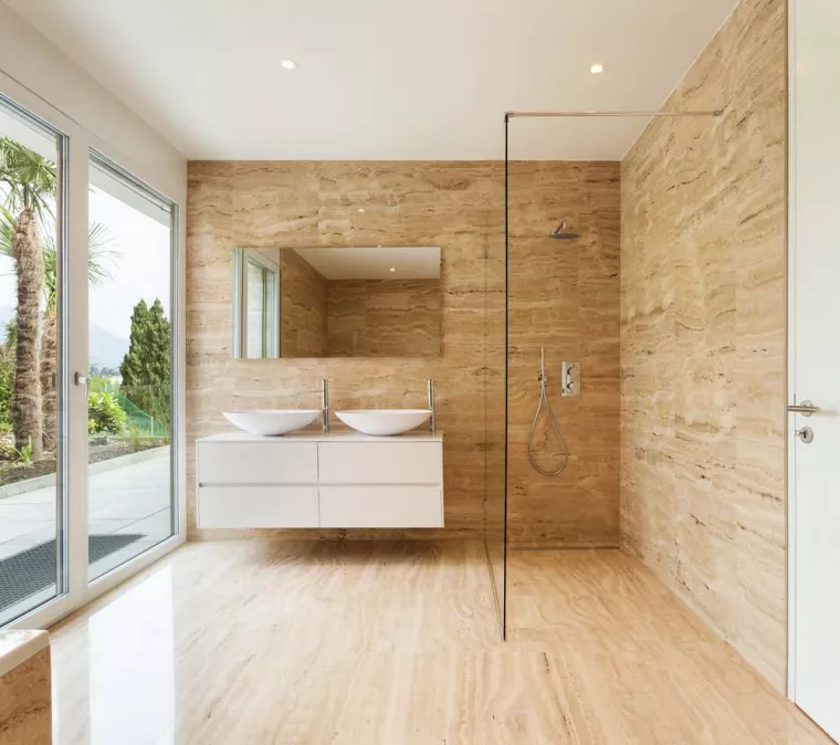 Poseur professionnel pour aménagement complet de salle de bain avec double vasque et douche à l'italienne, Paris 6ème Arrondissement, La Cuisine Sur Mesures